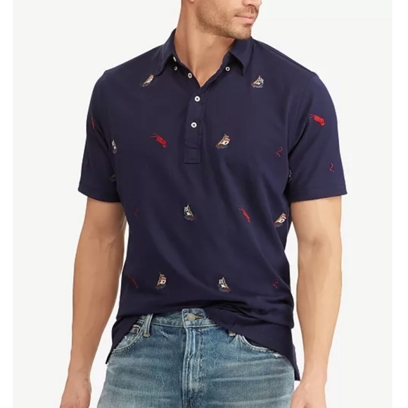 Ralph Lauren Polo Shirt S Blue Classic Embroidered Sailboats Print All Over NWT